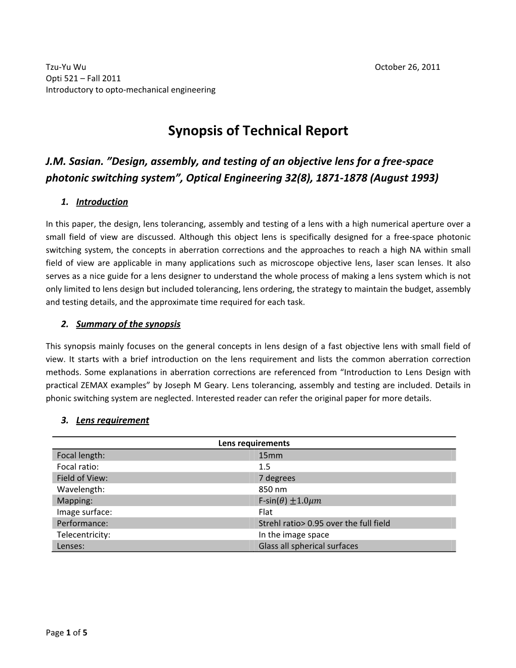 Synopsis of Technical Report