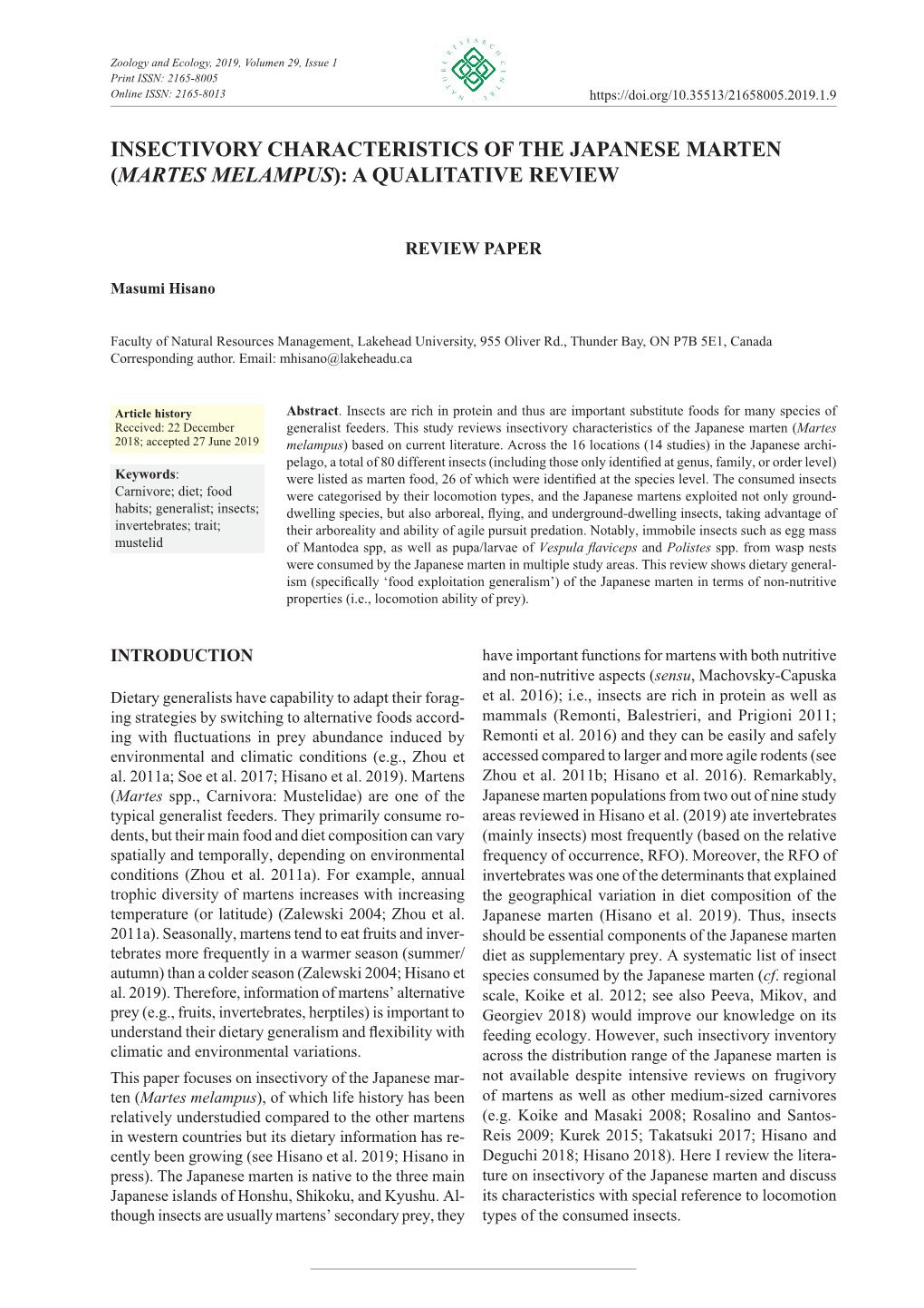 Insectivory Characteristics of the Japanese Marten (Martes Melampus): a Qualitative Review