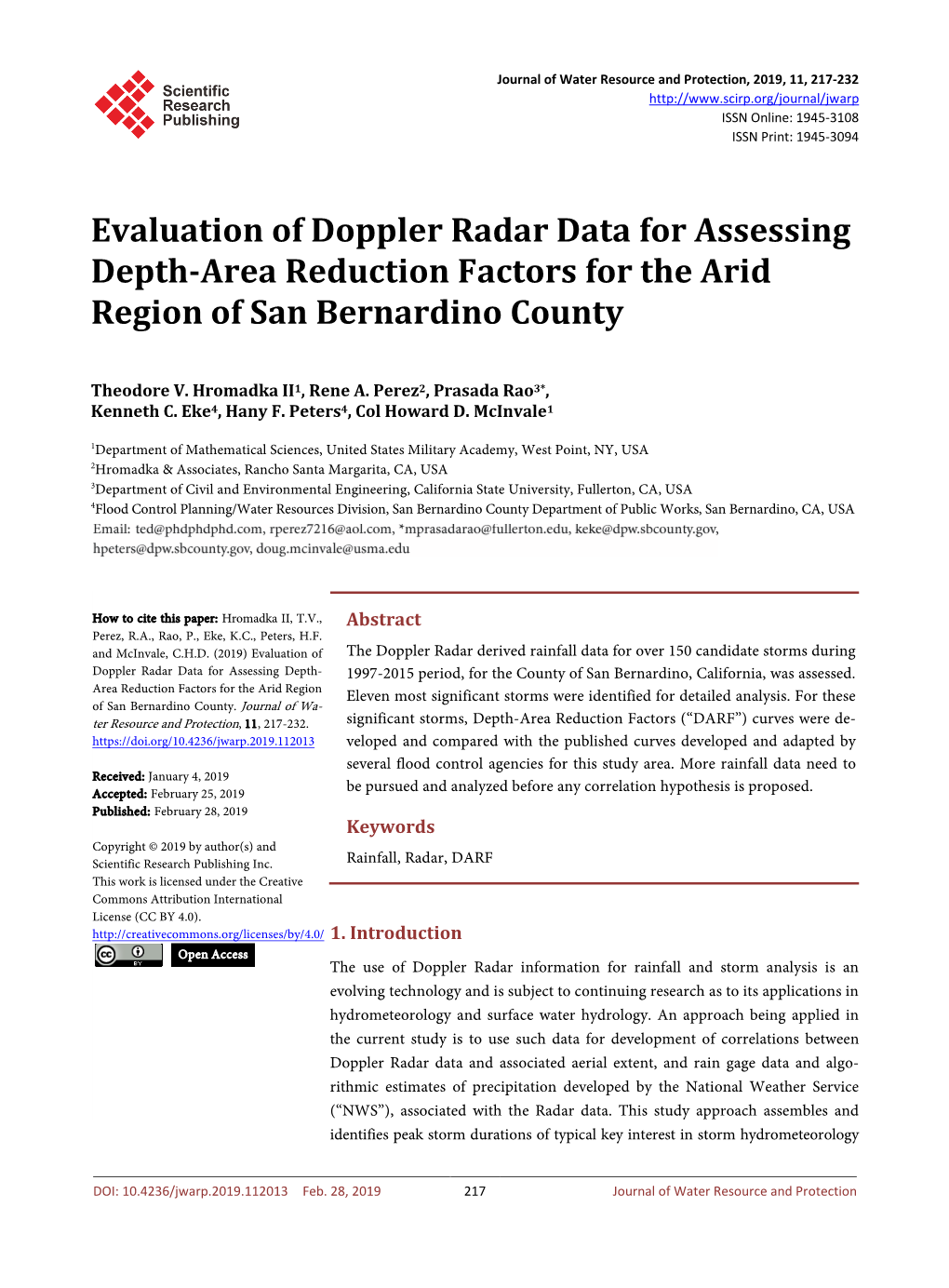 Evaluation of Doppler Radar Data for Assessing Depth-Area Reduction Factors for the Arid Region of San Bernardino County