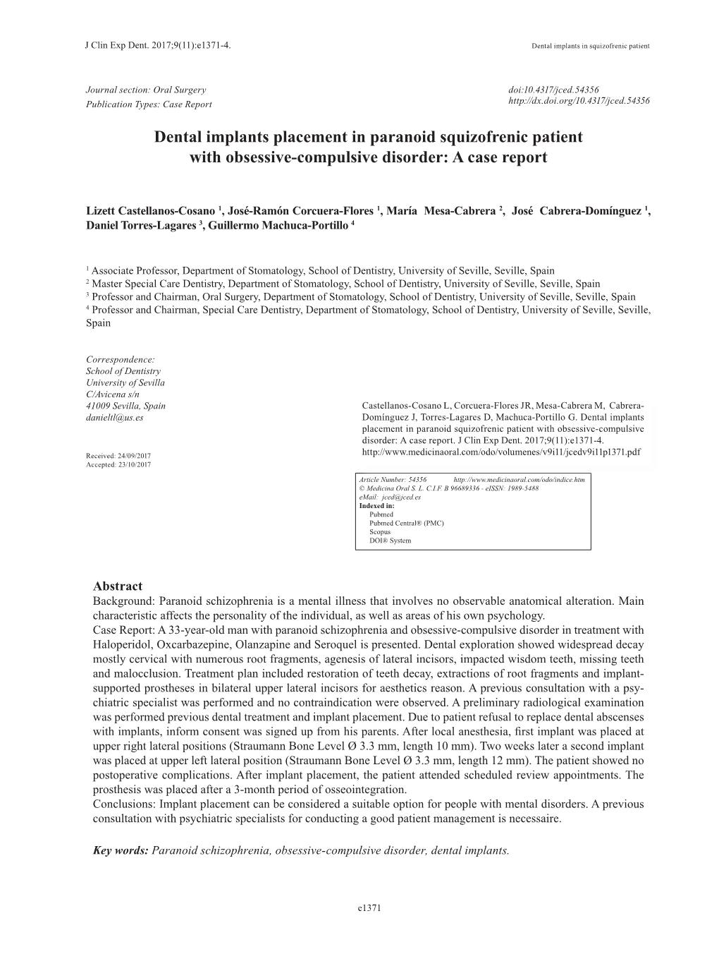 Dental Implants Placement in Paranoid Squizofrenic Patient with Obsessive-Compulsive Disorder: a Case Report