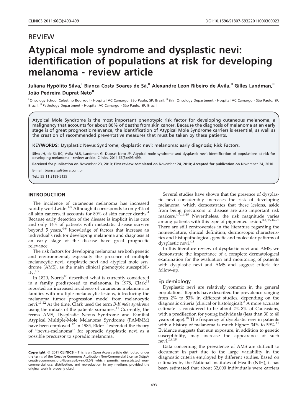 Atypical Mole Syndrome and Dysplastic Nevi: Identification of Populations at Risk for Developing Melanoma - Review Article