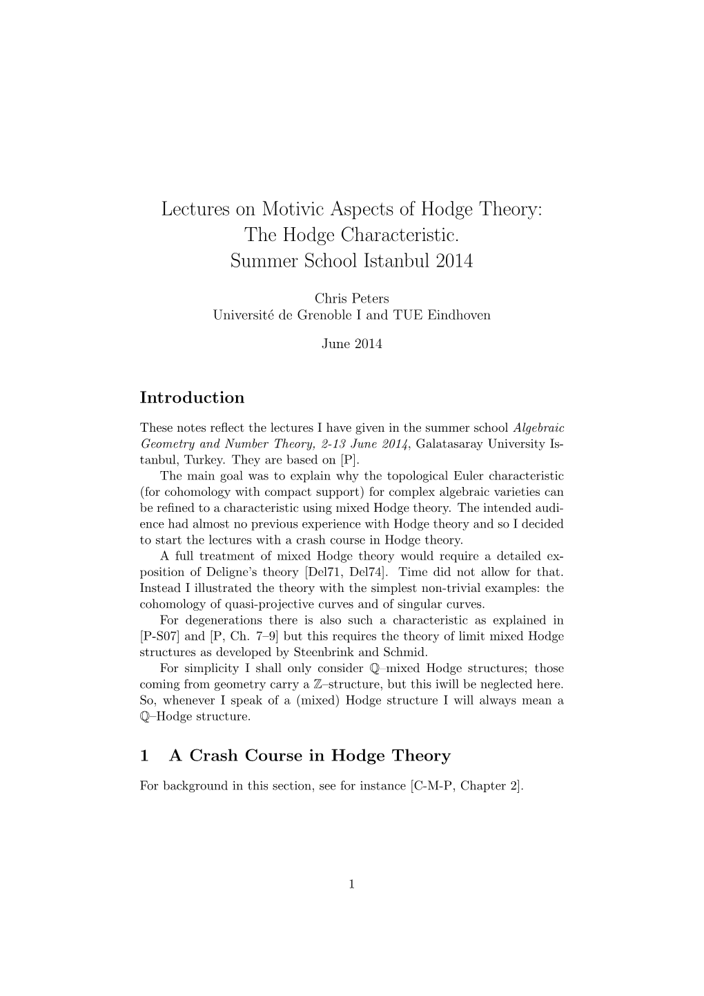 Lectures on Motivic Aspects of Hodge Theory: the Hodge Characteristic