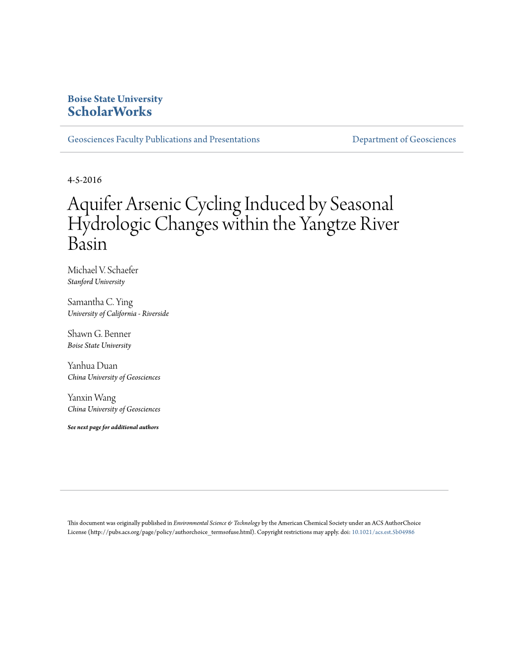 Aquifer Arsenic Cycling Induced by Seasonal Hydrologic Changes Within the Yangtze River Basin Michael V