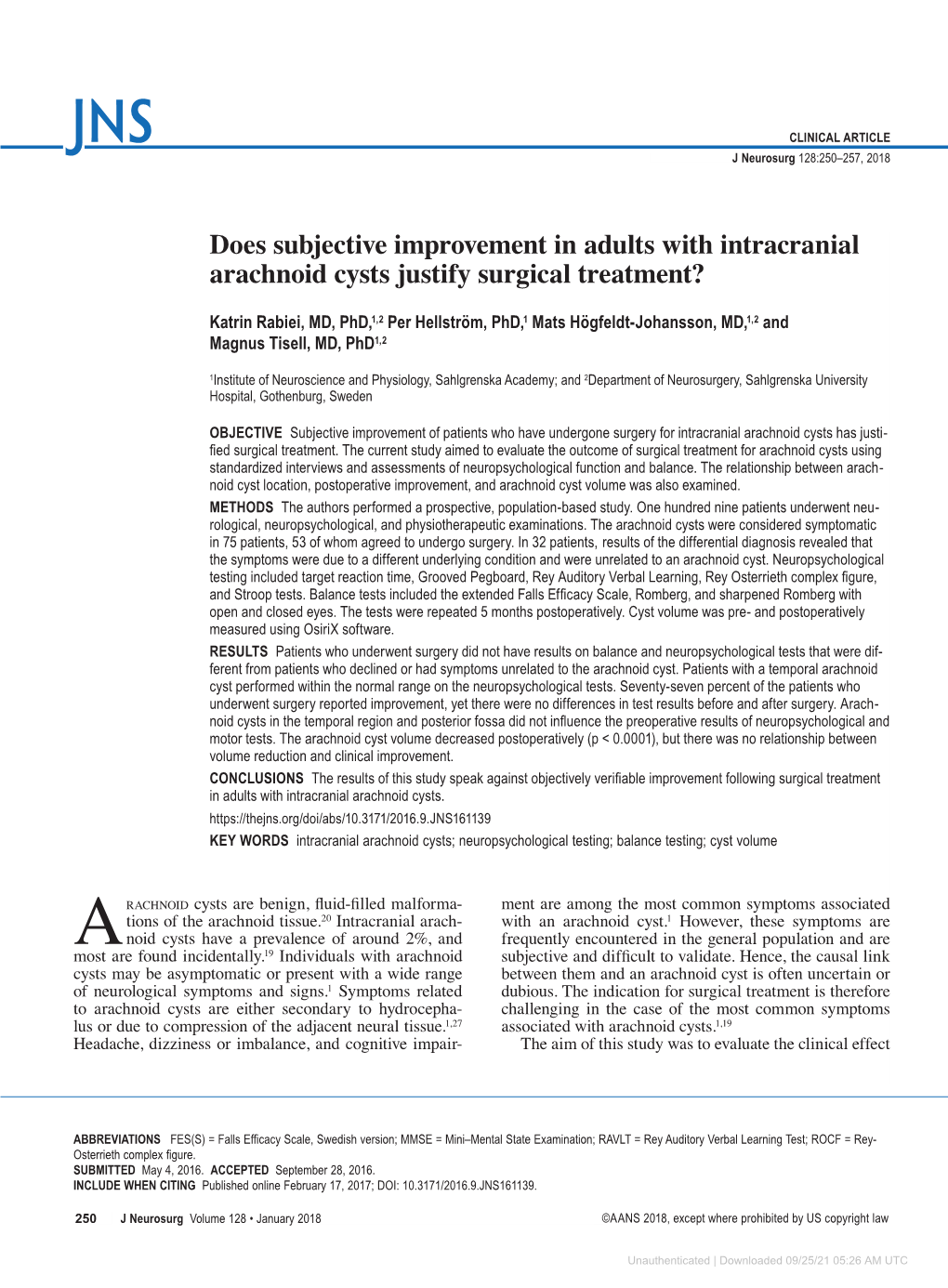 Does Subjective Improvement in Adults with Intracranial Arachnoid Cysts Justify Surgical Treatment?