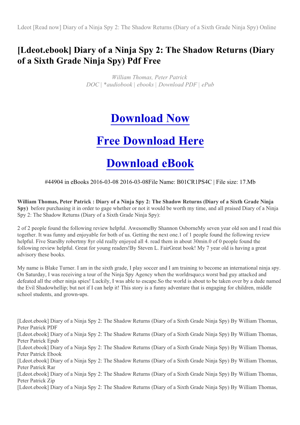 Diary of a Ninja Spy 2: the Shadow Returns (Diary of a Sixth Grade Ninja Spy) Online