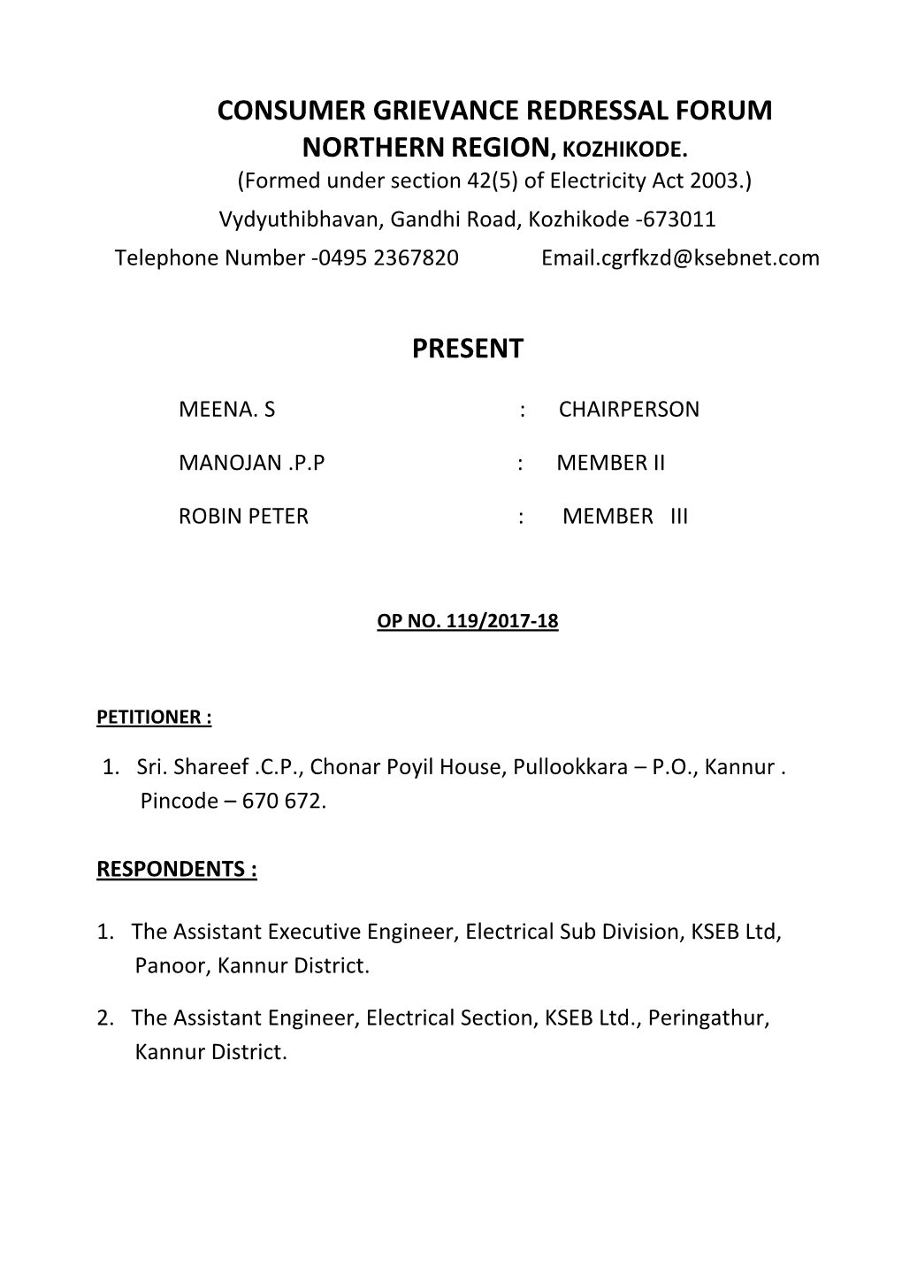 Consumer Grievance Redressal Forum Northern Region, Kozhikode