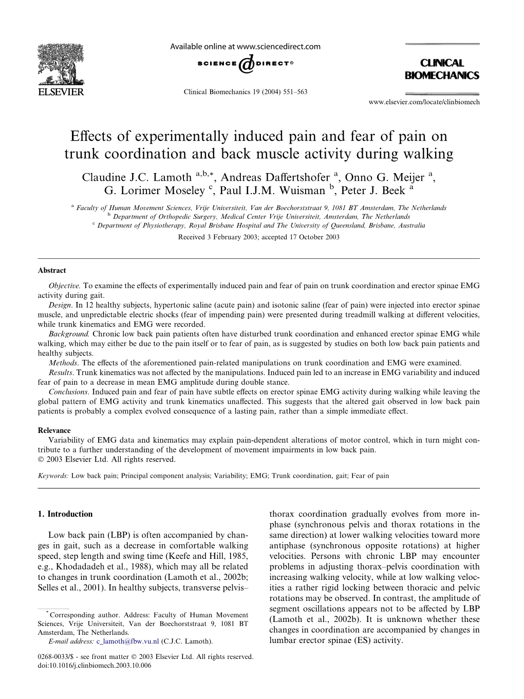 Effects of Experimentally Induced Pain and Fear of Pain on Trunk Coordination and Back Muscle Activity During Walking
