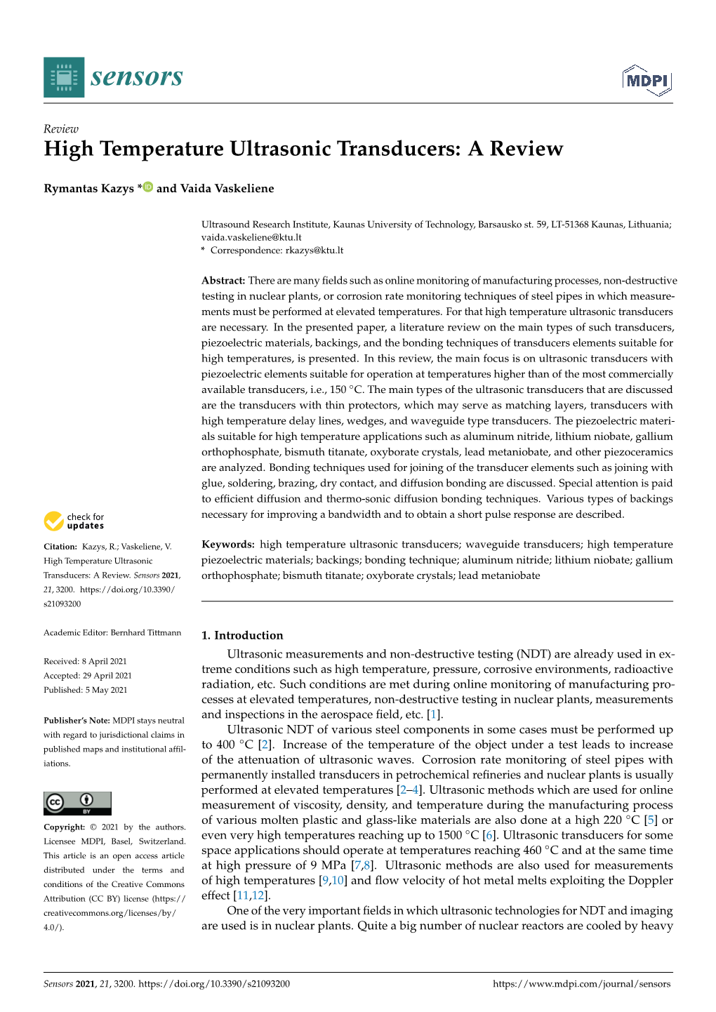 High Temperature Ultrasonic Transducers: a Review