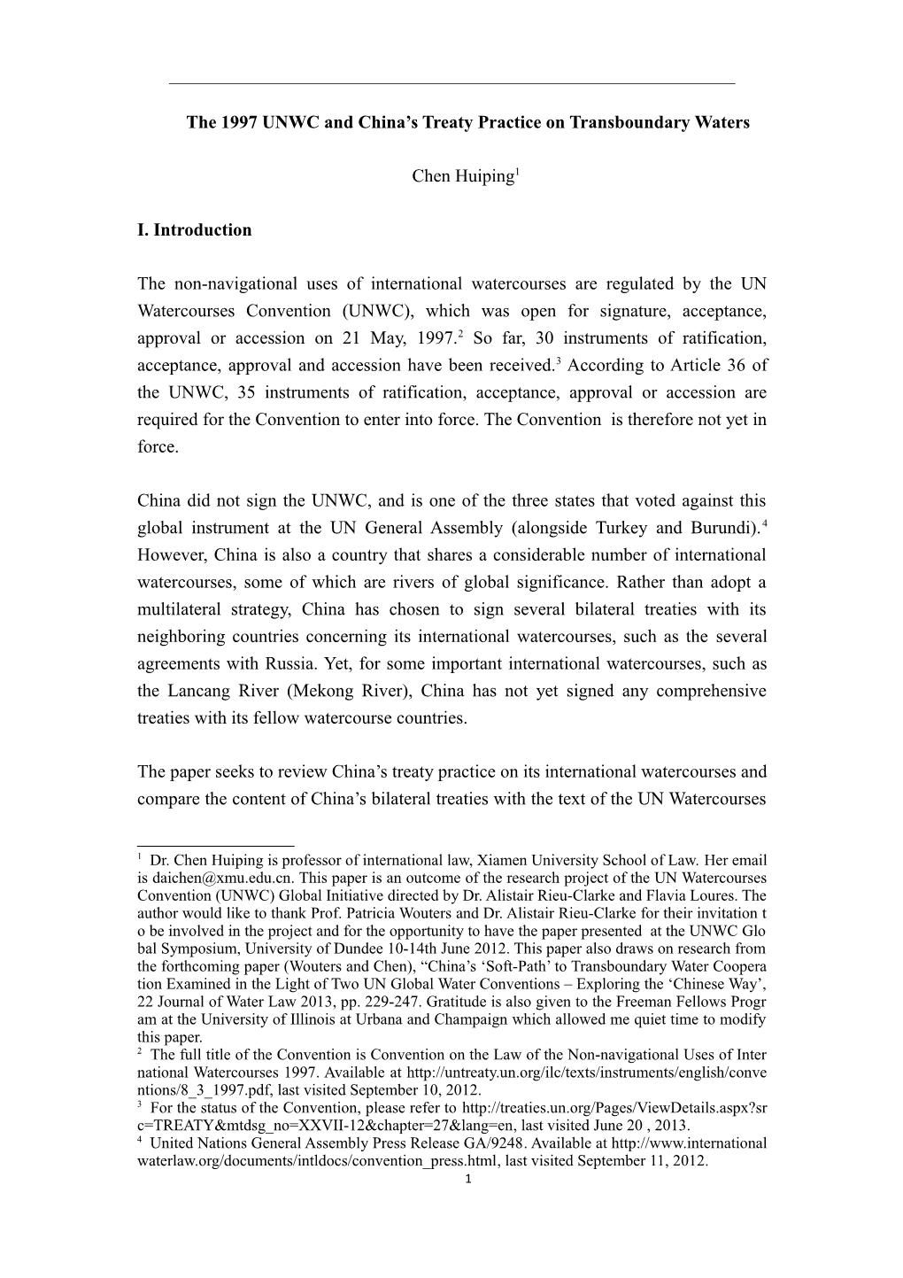 The 1997 UNWC and China S Treaty Practice on Transboundary Waters