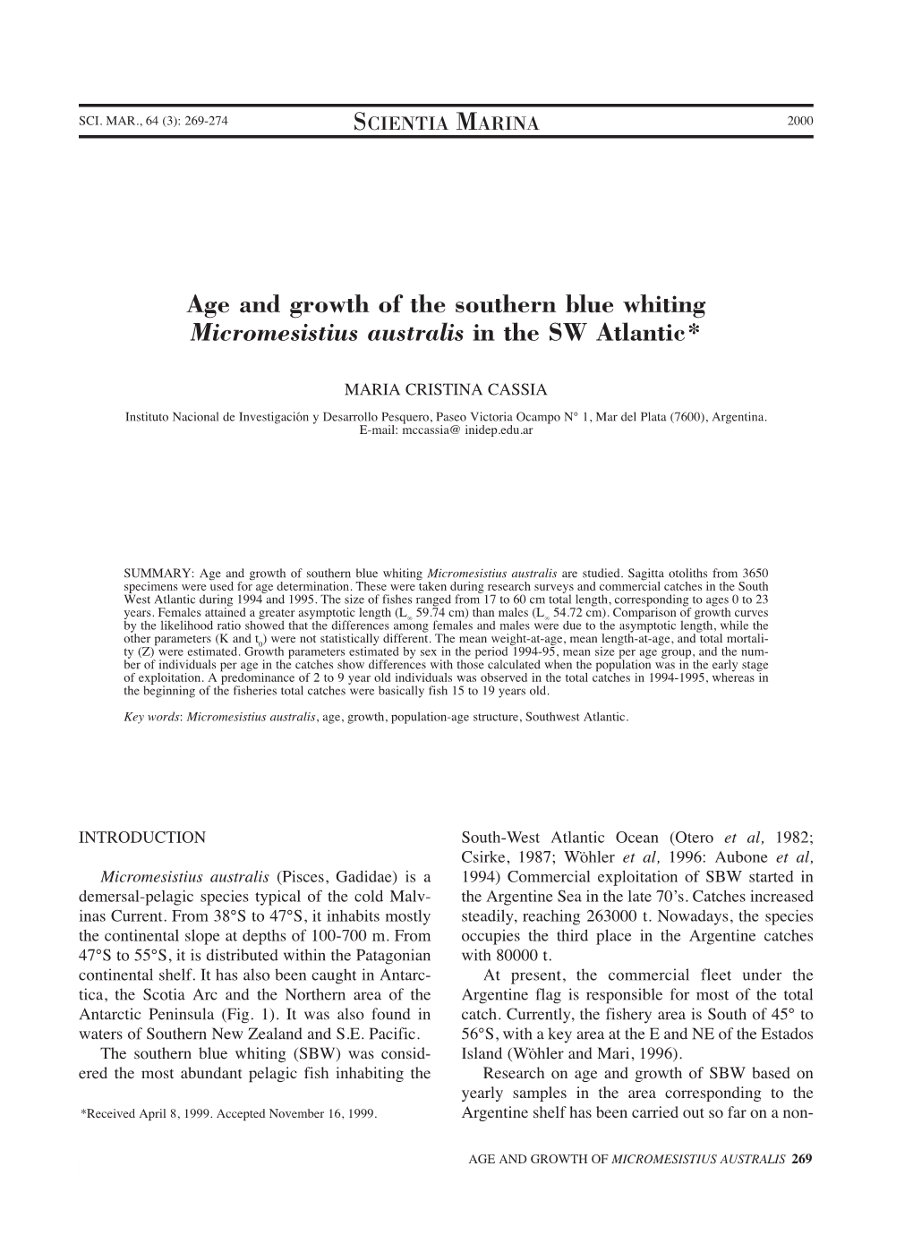 Age and Growth of the Southern Blue Whiting Micromesistius Australis in the SW Atlantic*