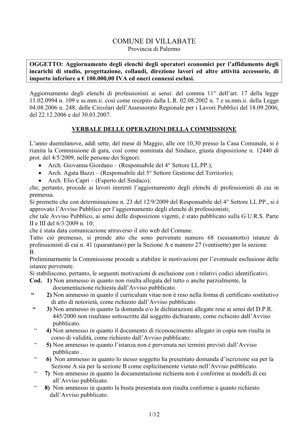 COMUNE DI VILLABATE Provincia Di Palermo