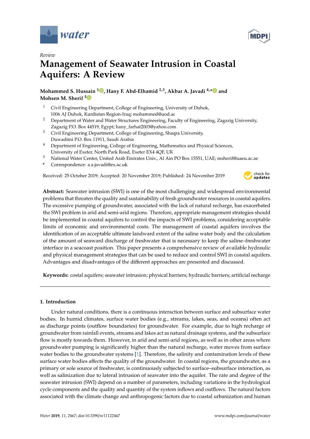 Management of Seawater Intrusion in Coastal Aquifers: a Review