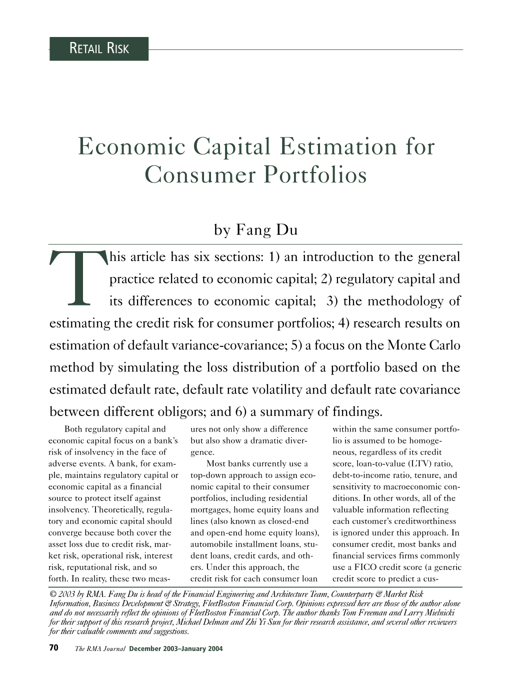 Economic Capital Estimation for Consumer Portfolios