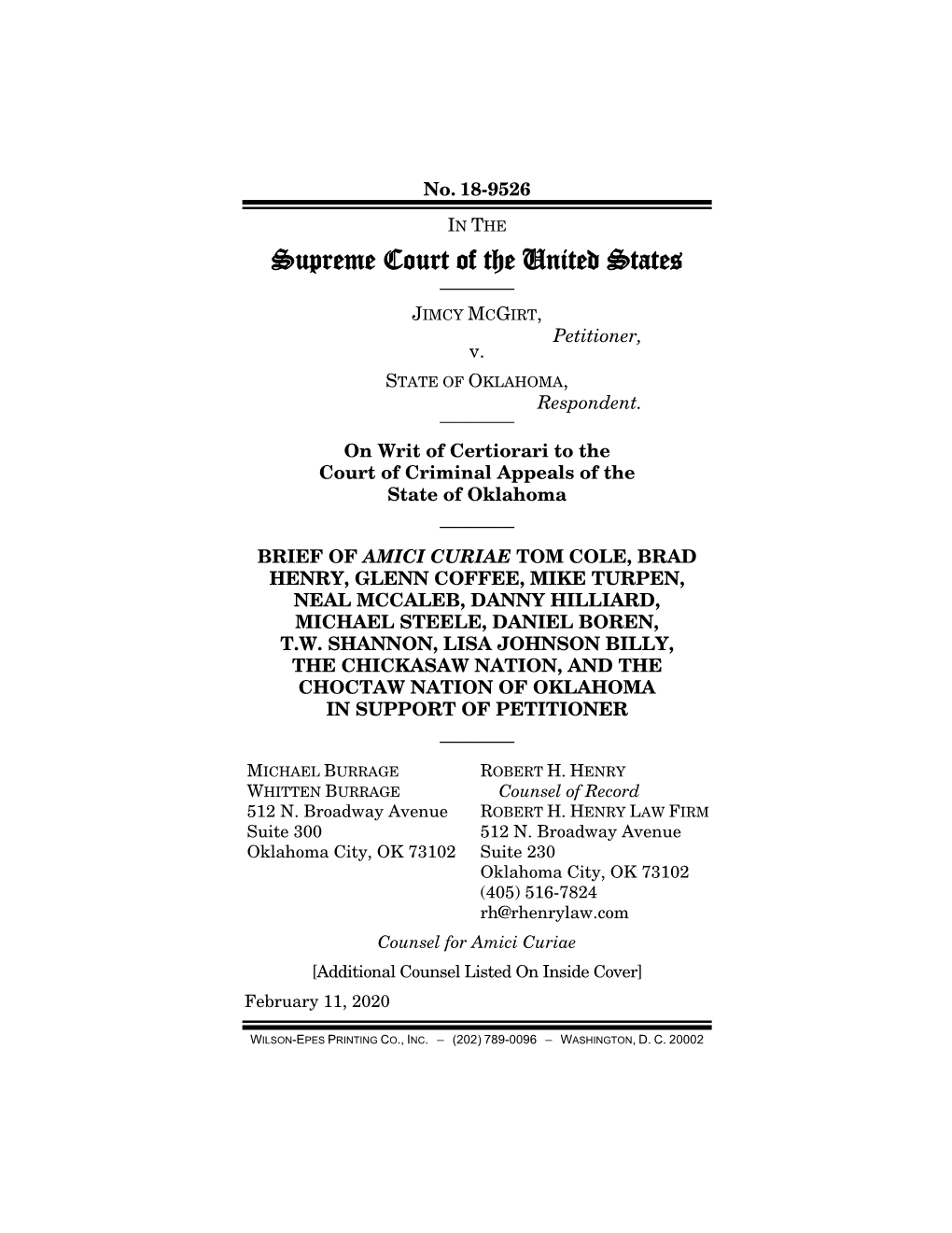 Amicus Curiae the Chickasaw Nation Counsel for Amicus Curiae the Choctaw Nation of FRANK S