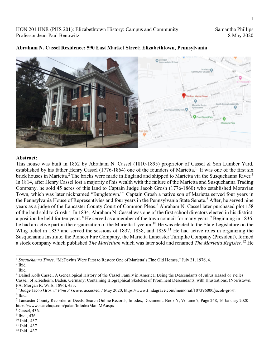 HON 201 HNR (PHS 201): Elizabethtown History: Campus and Community Samantha Phillips Professor Jean-Paul Benowitz 8 May 2020