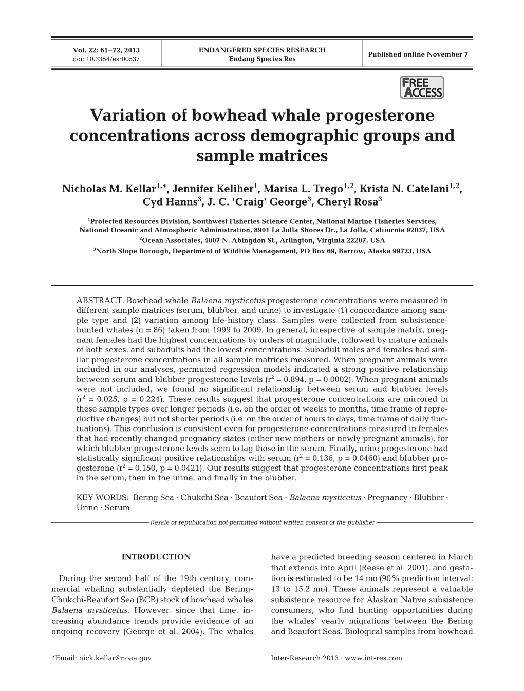 Variation of Bowhead Whale Progesterone Concentrations Across Demographic Groups and Sample Matrices