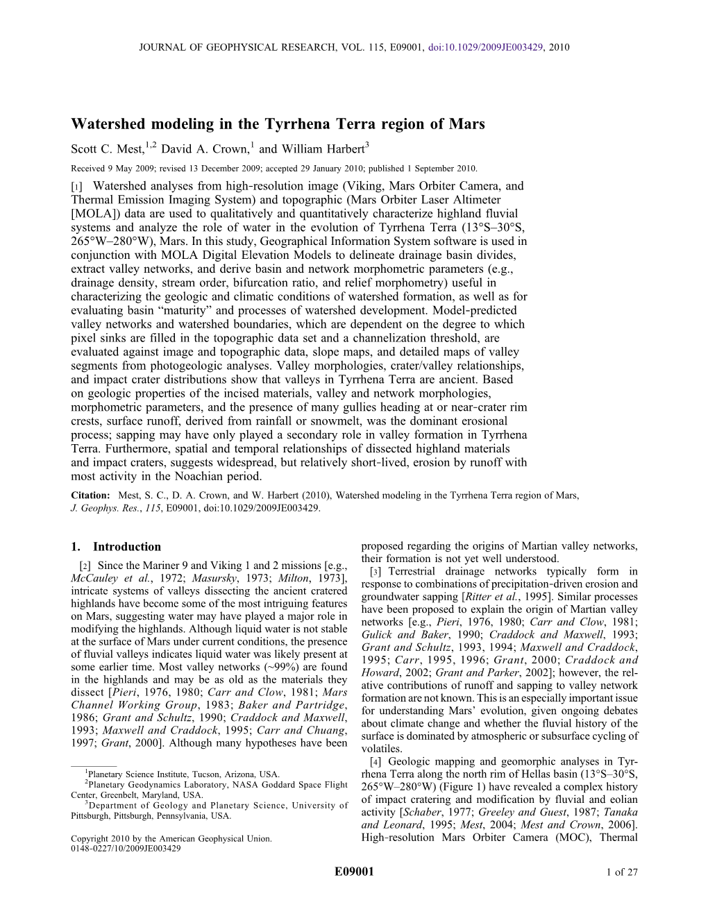 Watershed Modeling in the Tyrrhena Terra Region of Mars Scott C