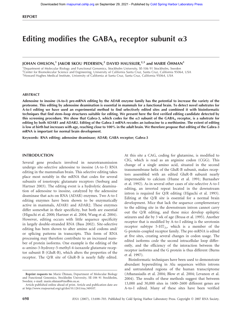 Editing Modifies the GABAA Receptor Subunit A3