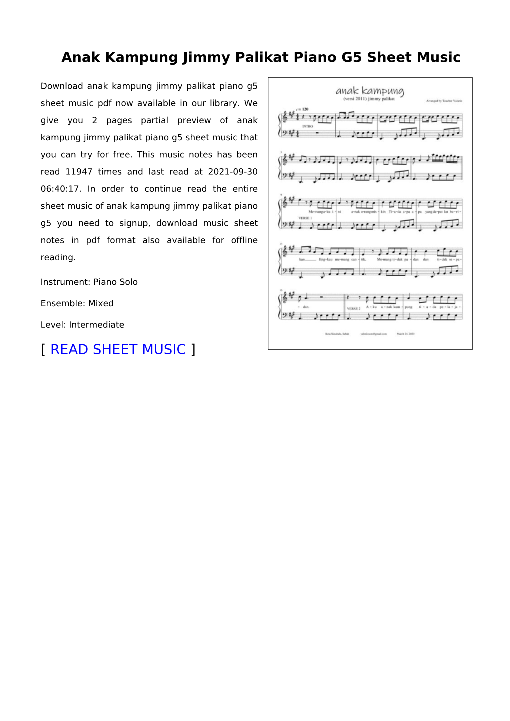 Anak Kampung Jimmy Palikat Piano G5 Sheet Music