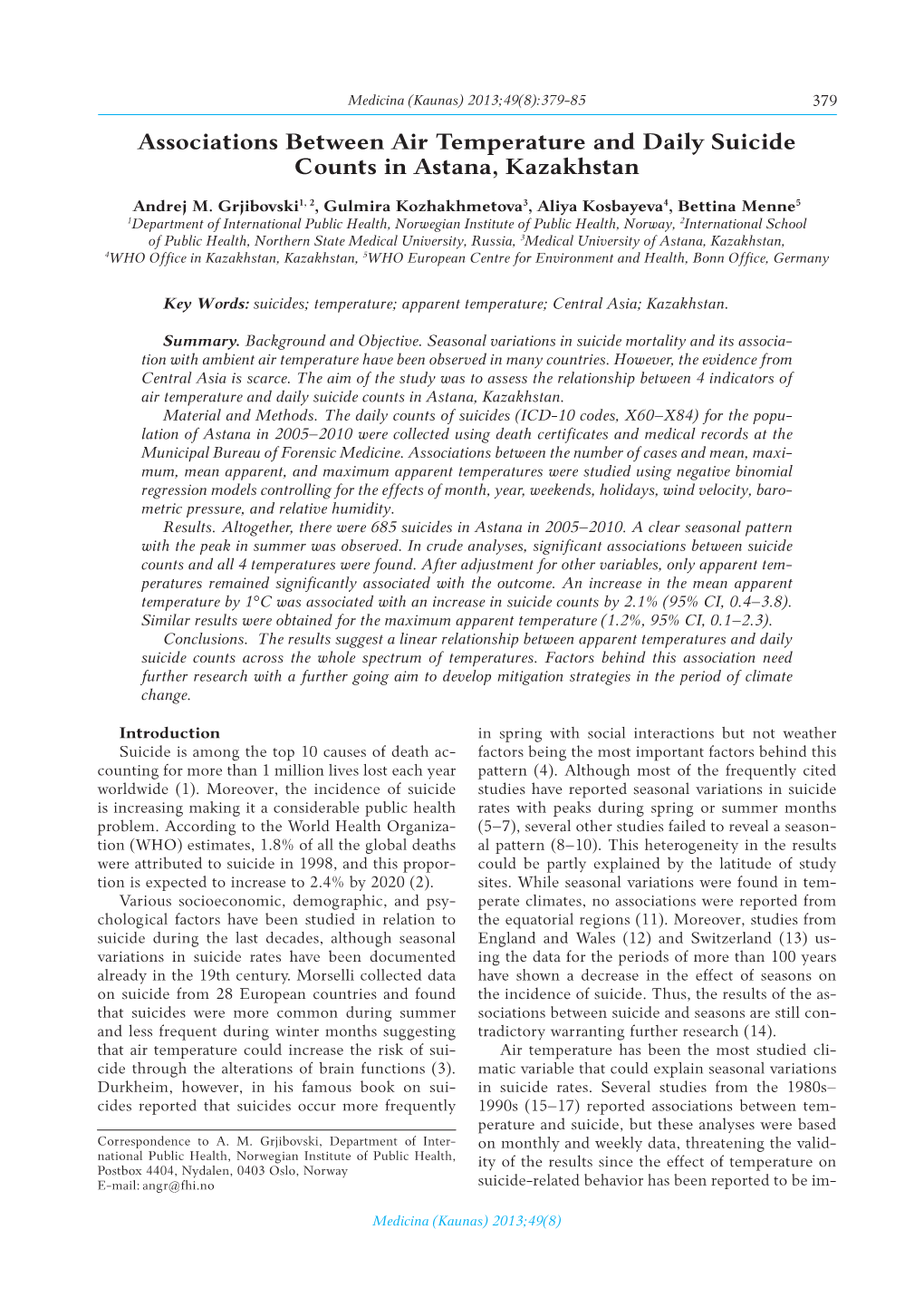 Associations Between Air Temperature and Daily Suicide Counts in Astana, Kazakhstan