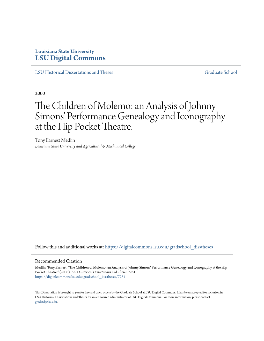 The Children of Molemo: an Analysis of Johnny Simons' Performance Genealogy and Iconography at the Hip Pocket Theatre