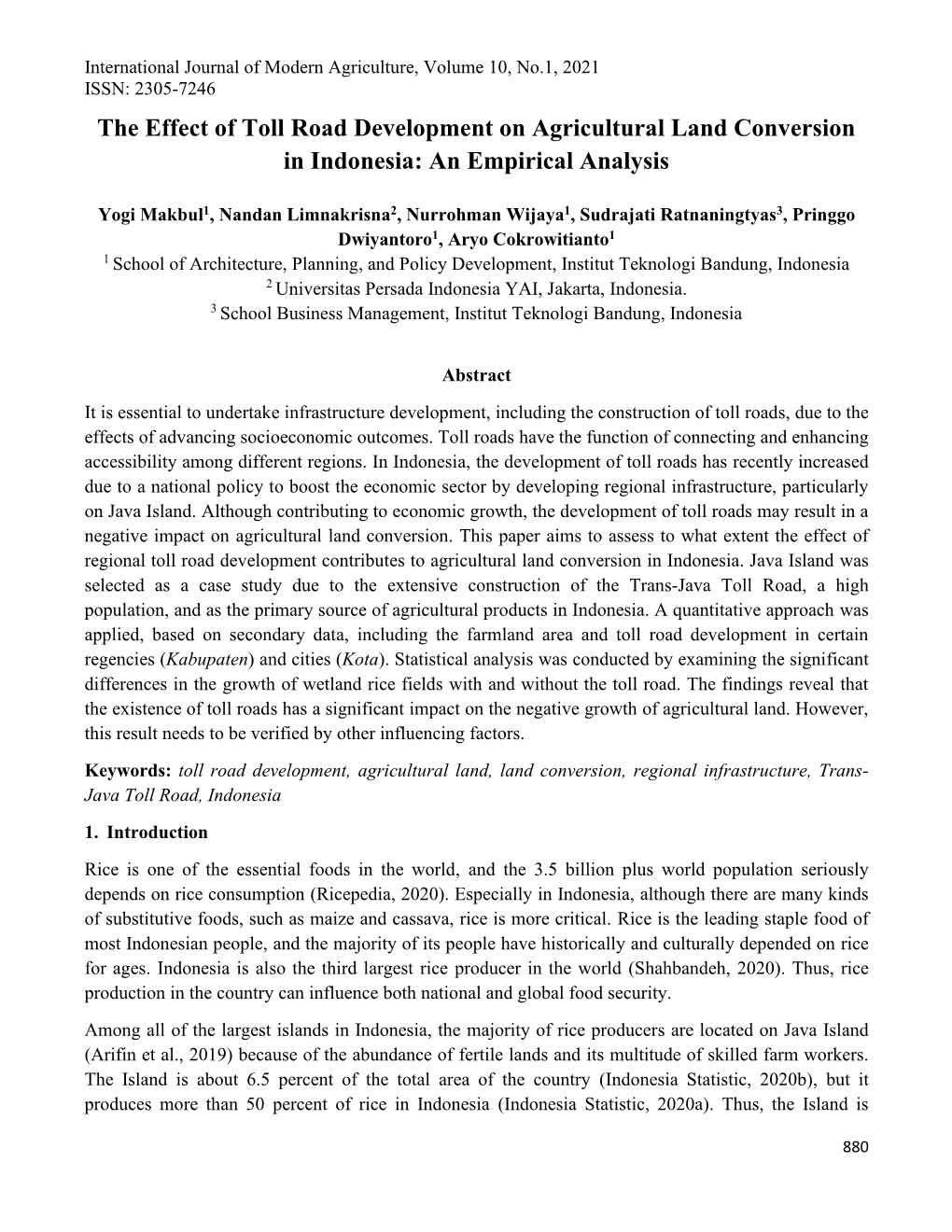 The Effect of Toll Road Development on Agricultural Land Conversion in Indonesia: an Empirical Analysis