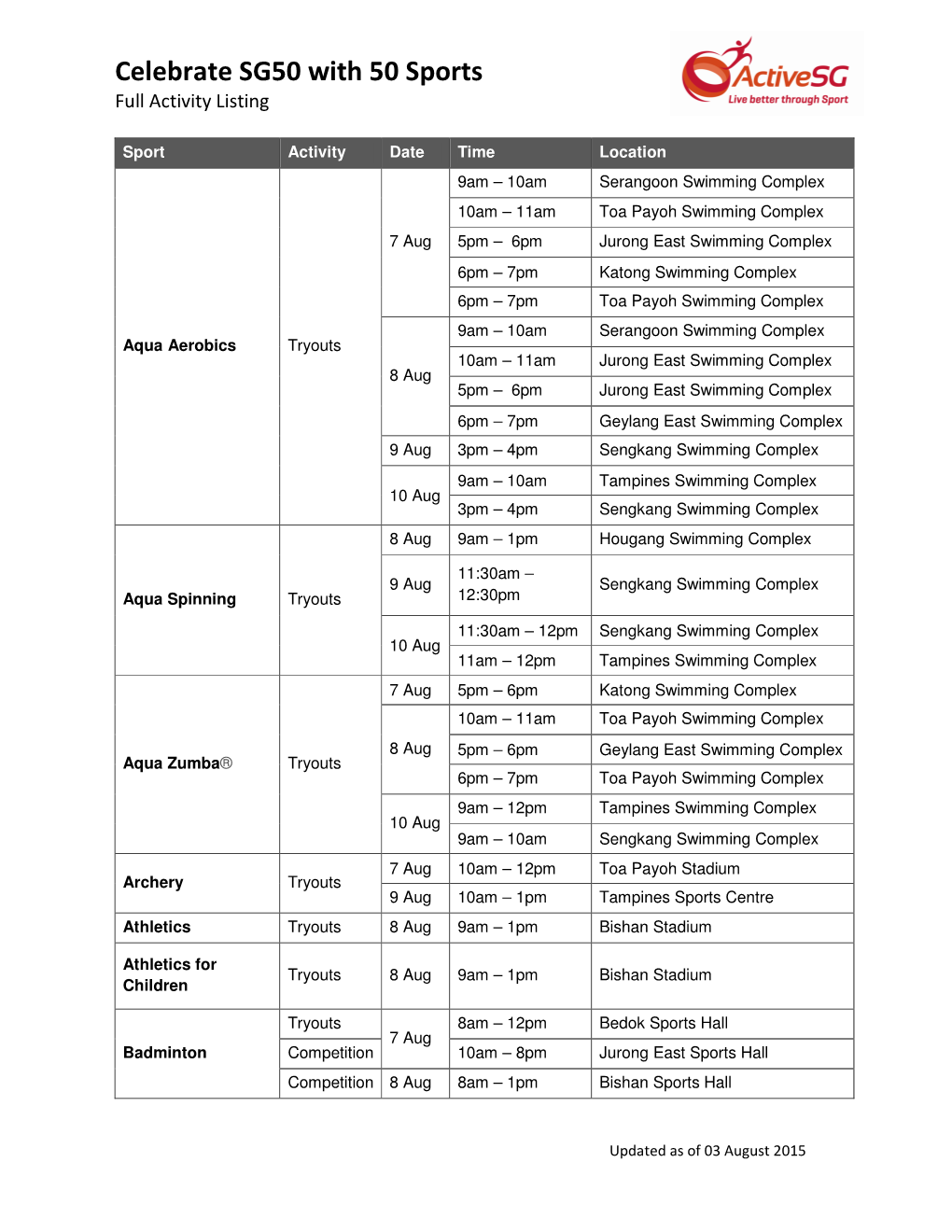 Full Activity Schedule