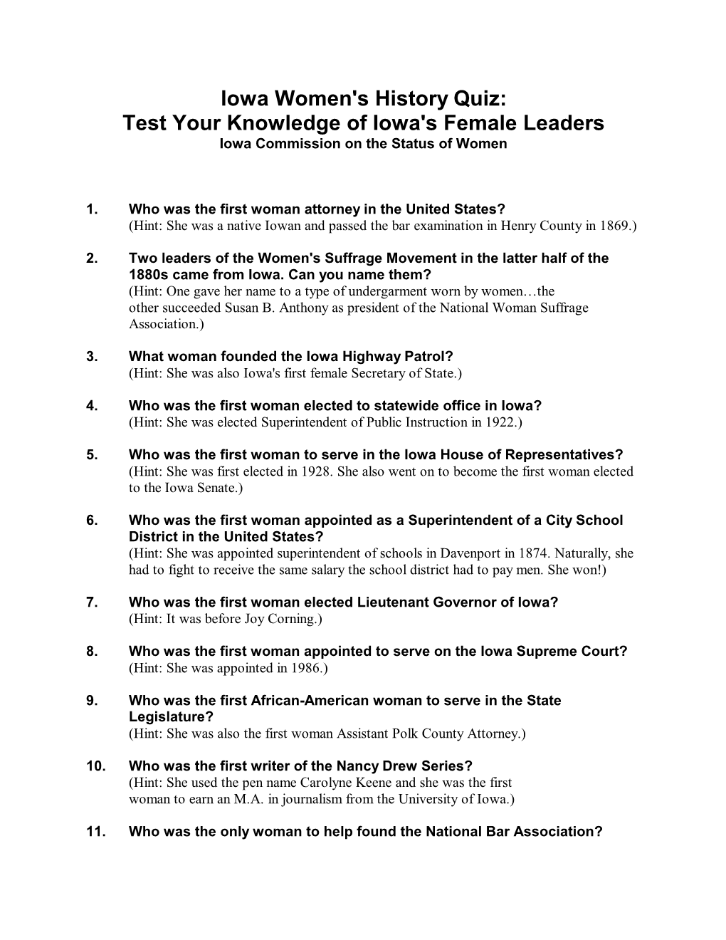 Iowa Women's History Quiz: Test Your Knowledge of Iowa's Female Leaders Iowa Commission on the Status of Women