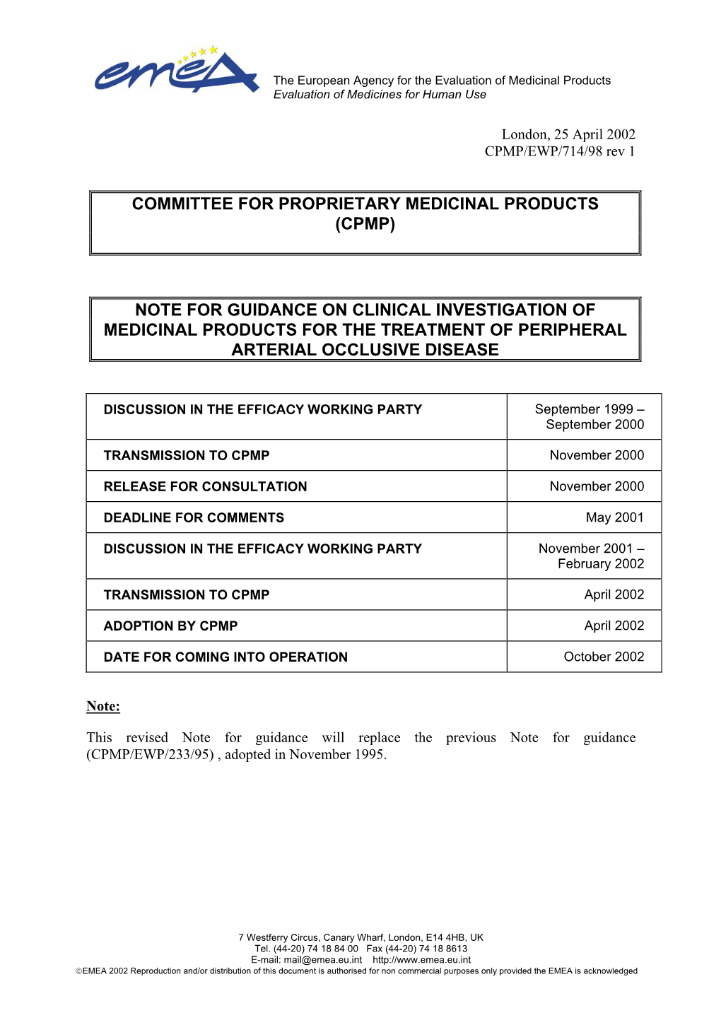 Note for Guidance on Clinical Investigation of Medicinal Products for the Treatment of Peripheral Arterial Occlusive Disease