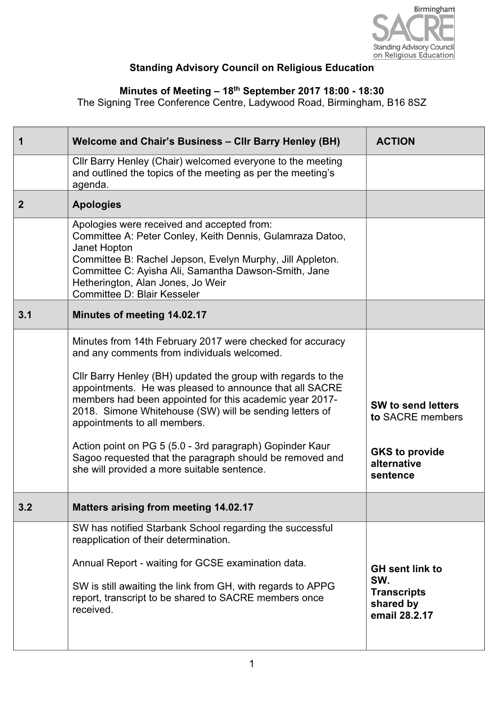 1 Standing Advisory Council on Religious Education Minutes of Meeting