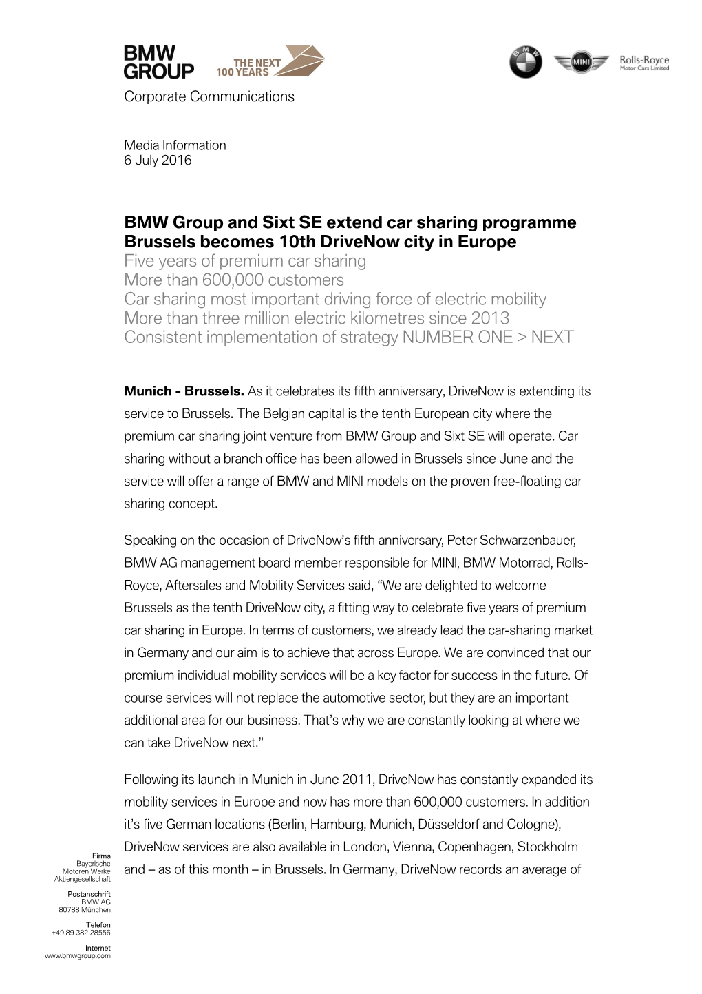 EN160706 BMW Group and Sixt SE Extend Car Sharing Programme