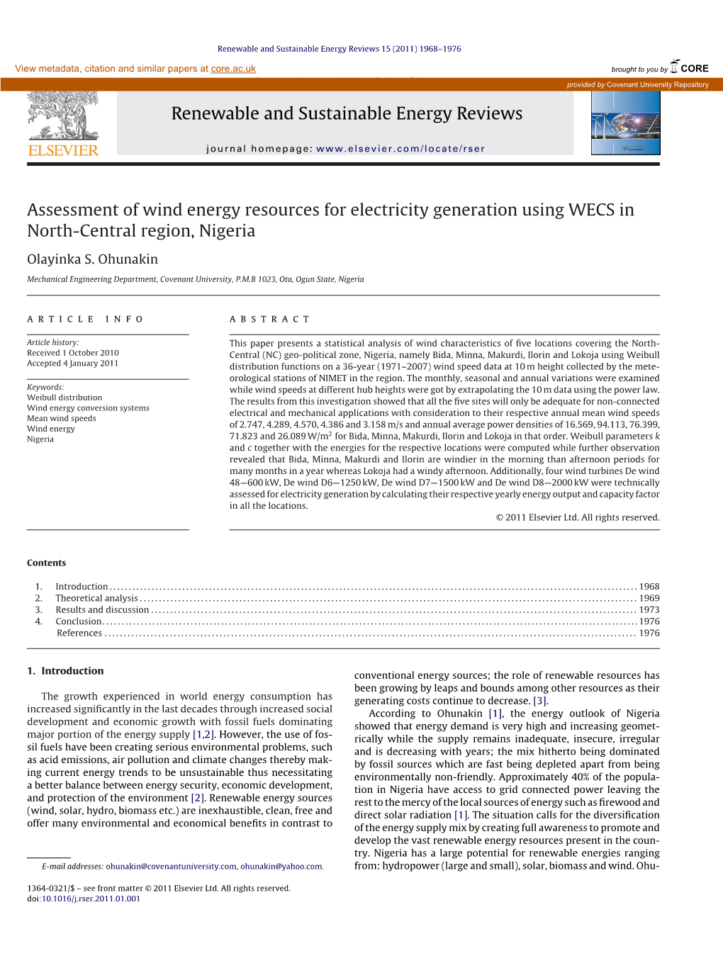 Assessment of Wind Energy Resources for Electricity Generation Using WECS in North-Central Region, Nigeria