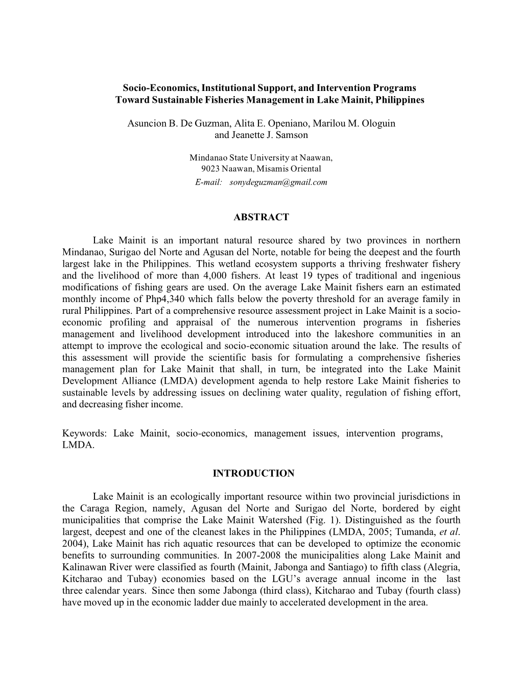 Socio-Economics, Institutional Support, and Intervention Programs Toward Sustainable Fisheries Management in Lake Mainit, Philippines
