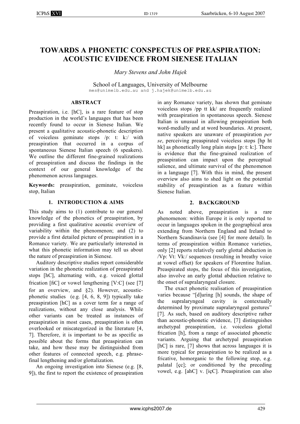 Icphs 2007 Proceedings