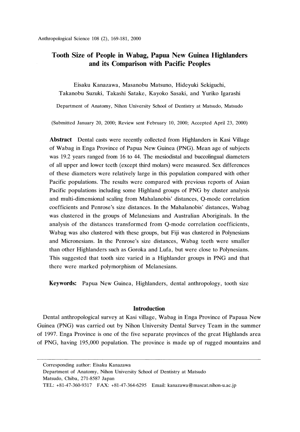 169-181, 2000 Tooth Size of People in Wabag, Papua New Guinea