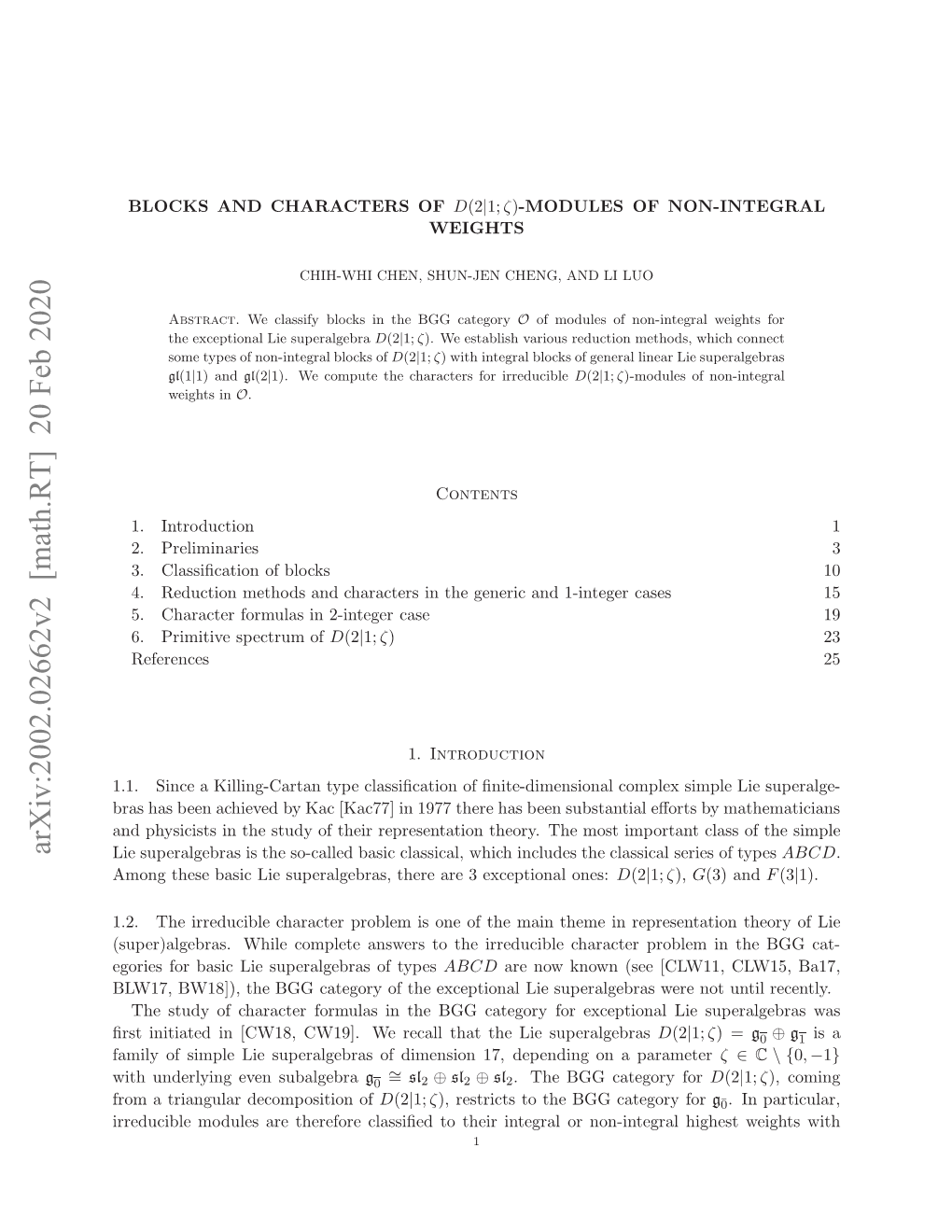 Arxiv:2002.02662V2 [Math.RT]