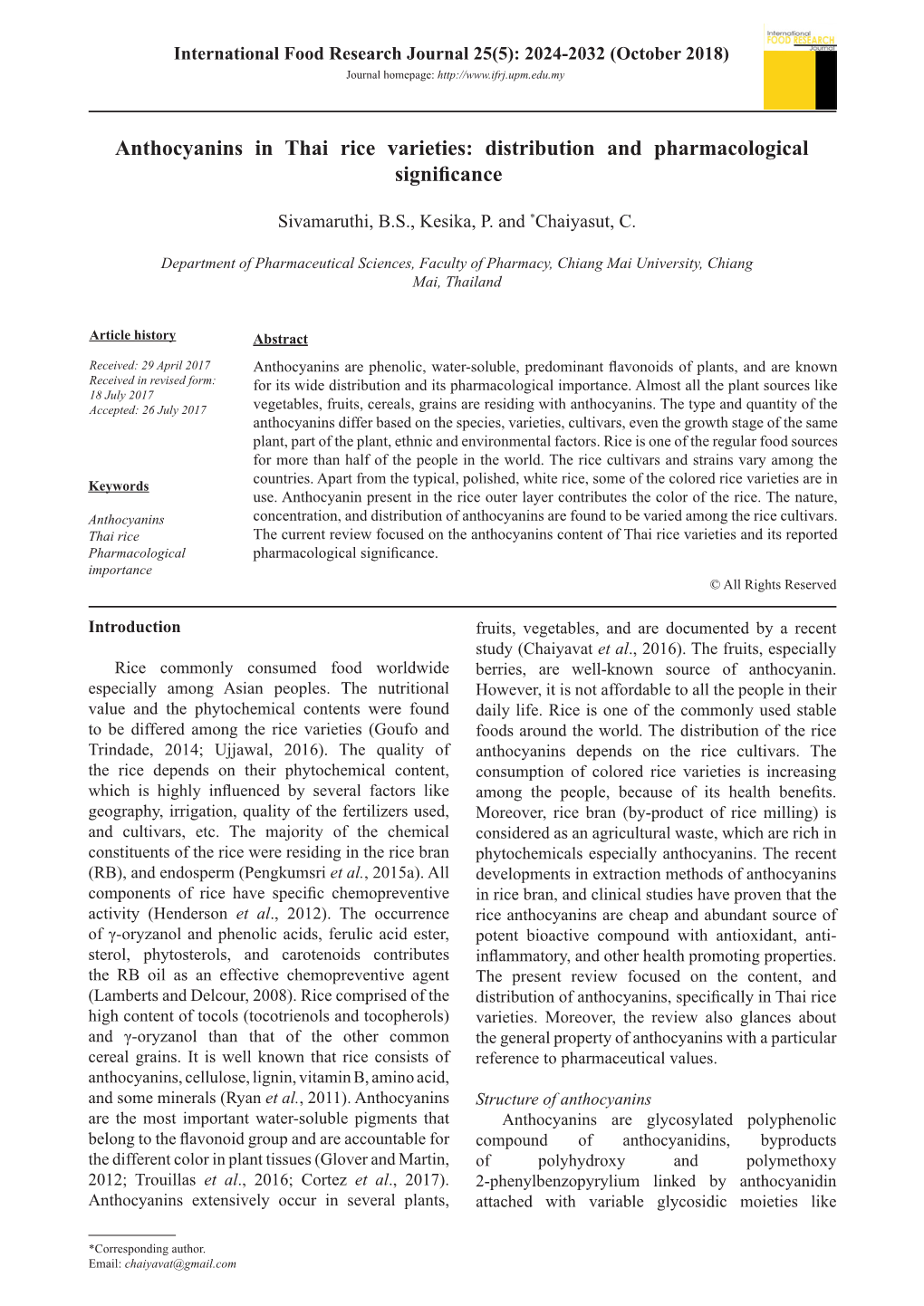 Anthocyanins in Thai Rice Varieties: Distribution and Pharmacological Significance