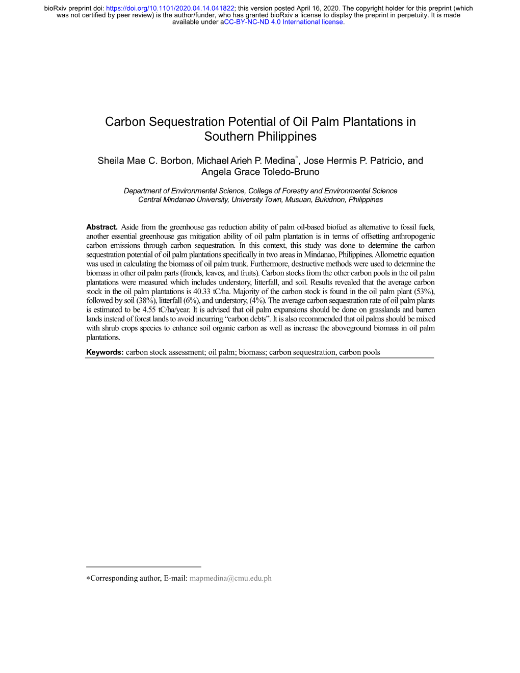 Carbon Sequestration Potential of Oil Palm Plantations in Southern Philippines