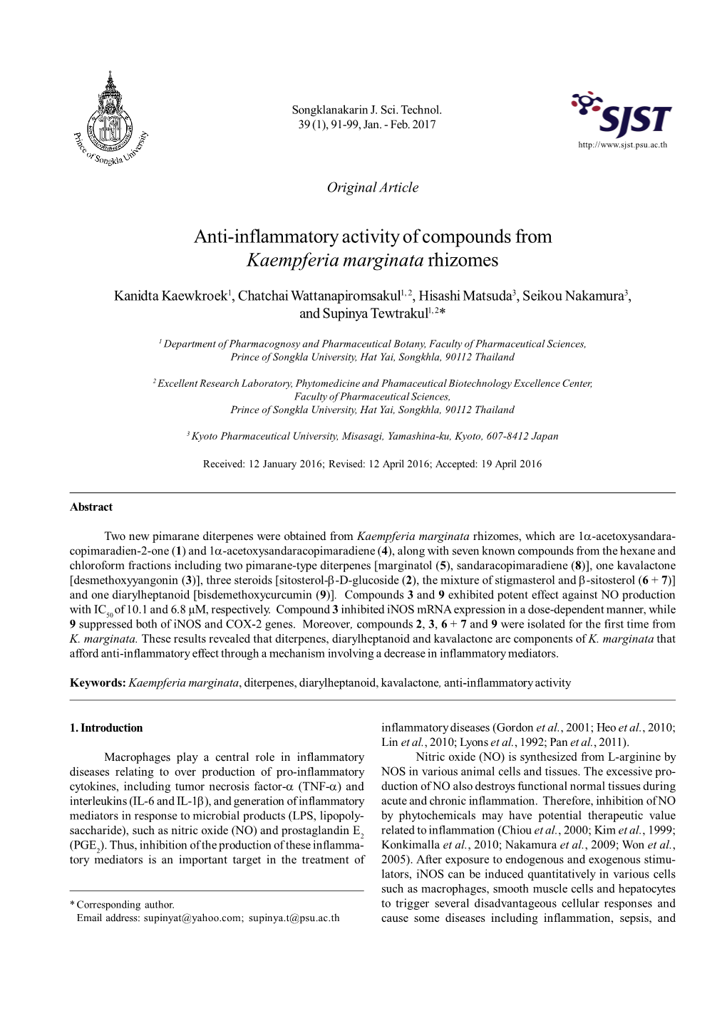 Anti-Inflammatory Activity of Compounds from Kaempferia Marginata Rhizomes