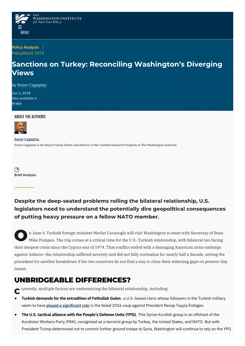 Sanctions on Turkey: Reconciling Washington’S Diverging Views by Soner Cagaptay