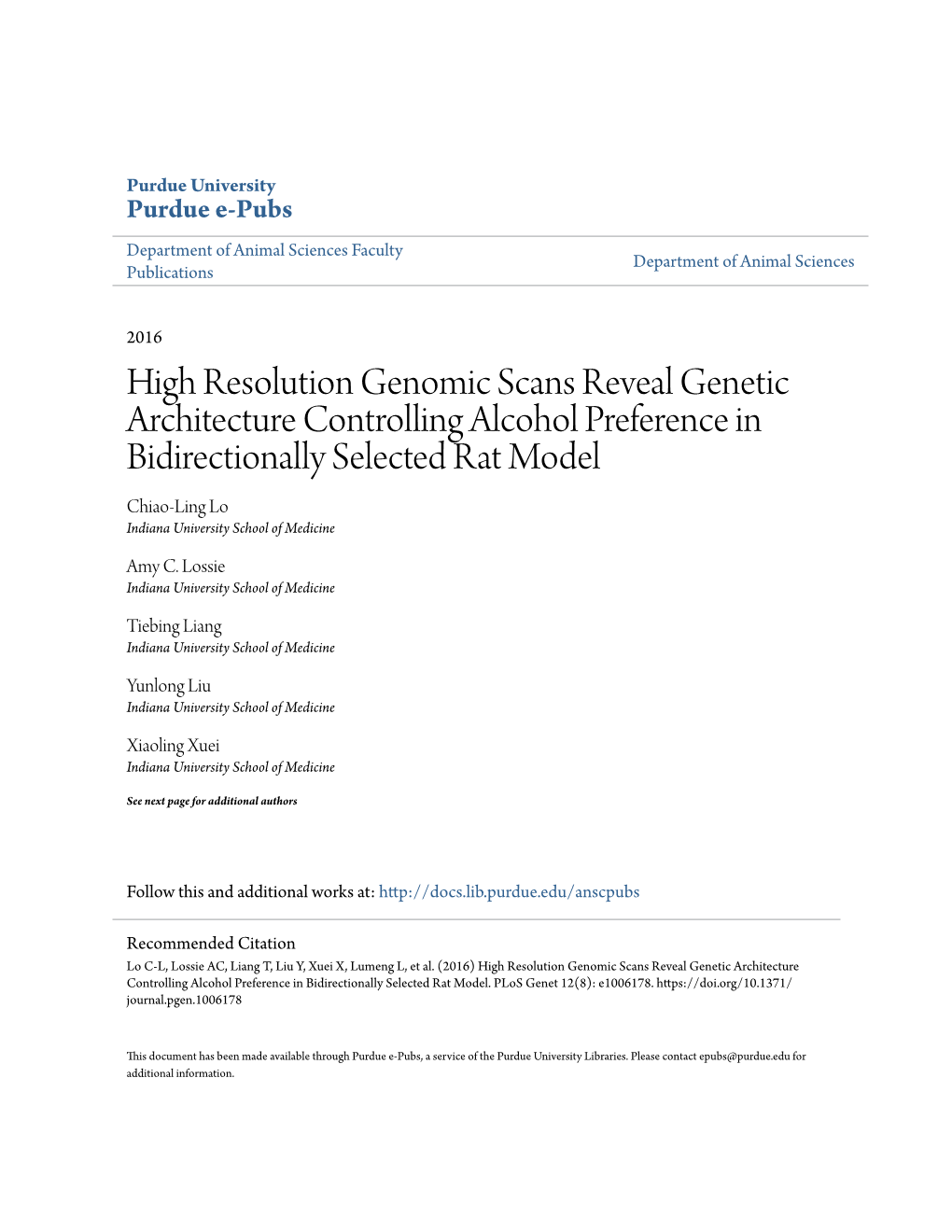 High Resolution Genomic Scans Reveal Genetic Architecture Controlling Alcohol Preference in Bidirectionally Selected Rat Model