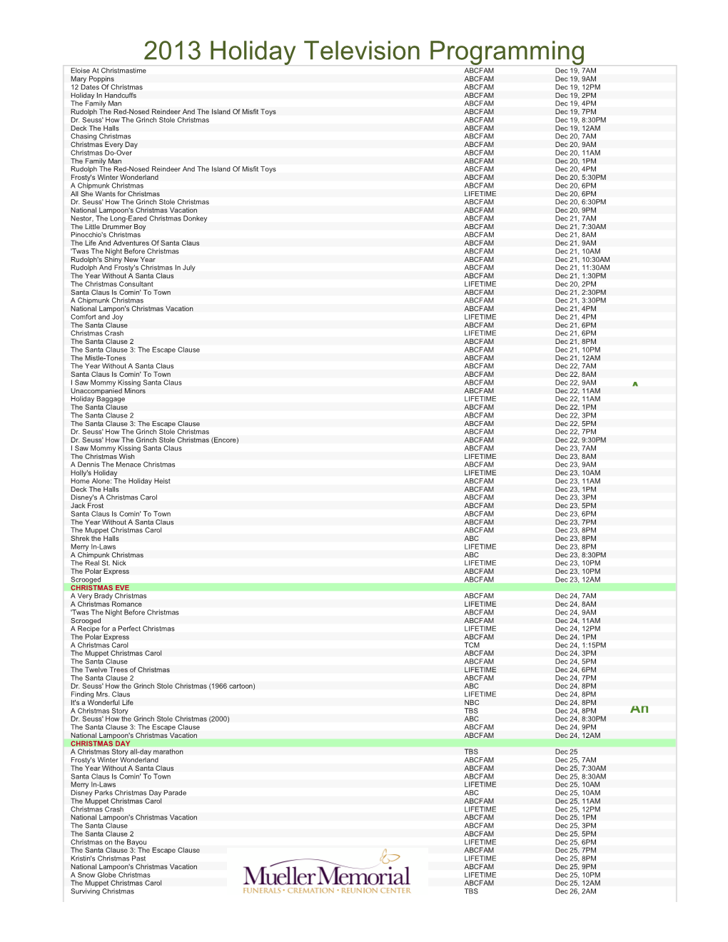 2013 Holiday Television Programming