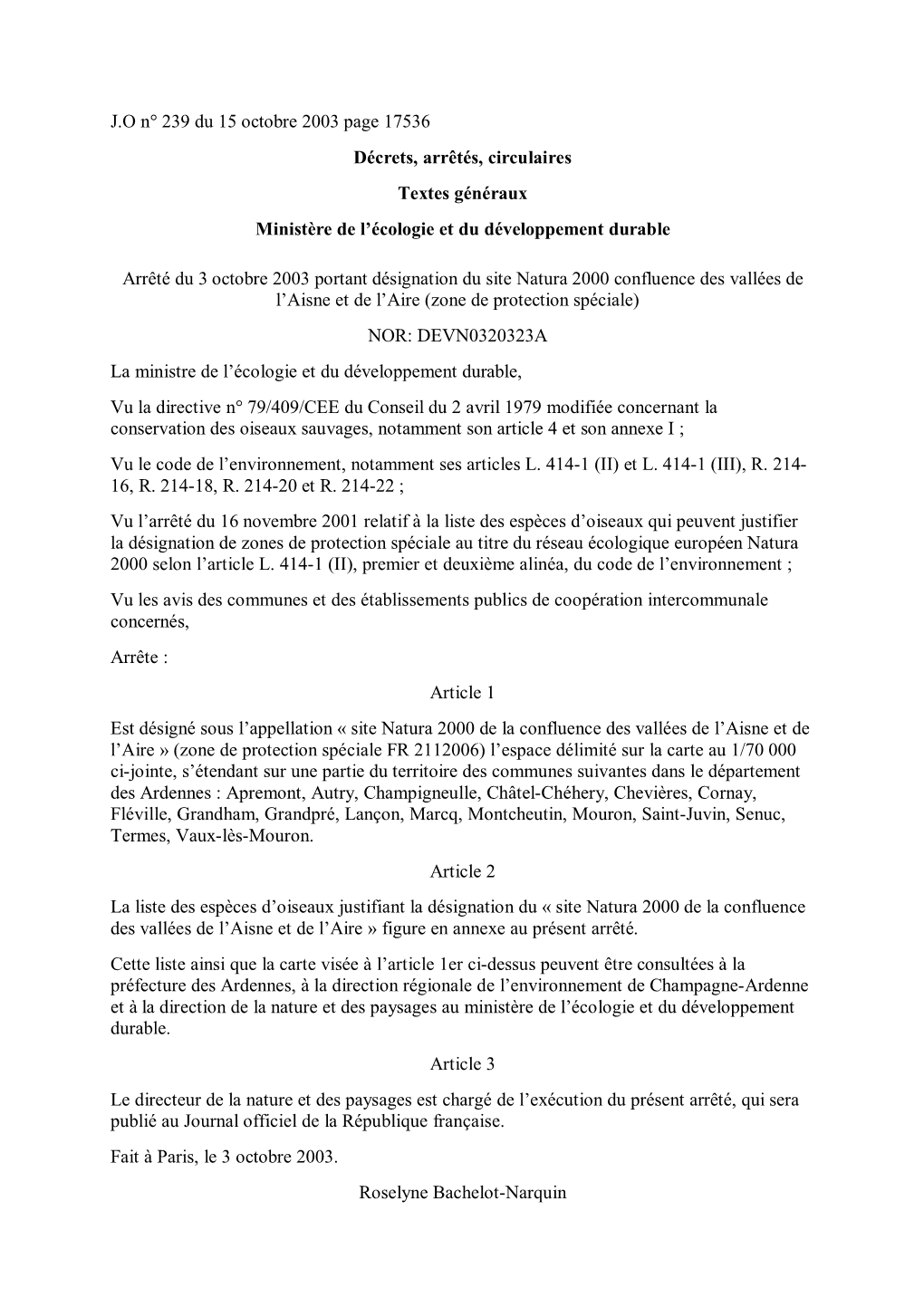 J.O N° 239 Du 15 Octobre 2003 Page 17536 Décrets, Arrêtés, Circulaires