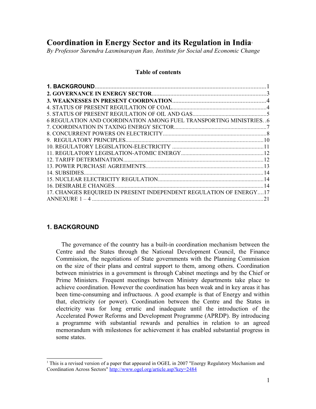 Coordination in Energy Sector and Its Regulation in India 1