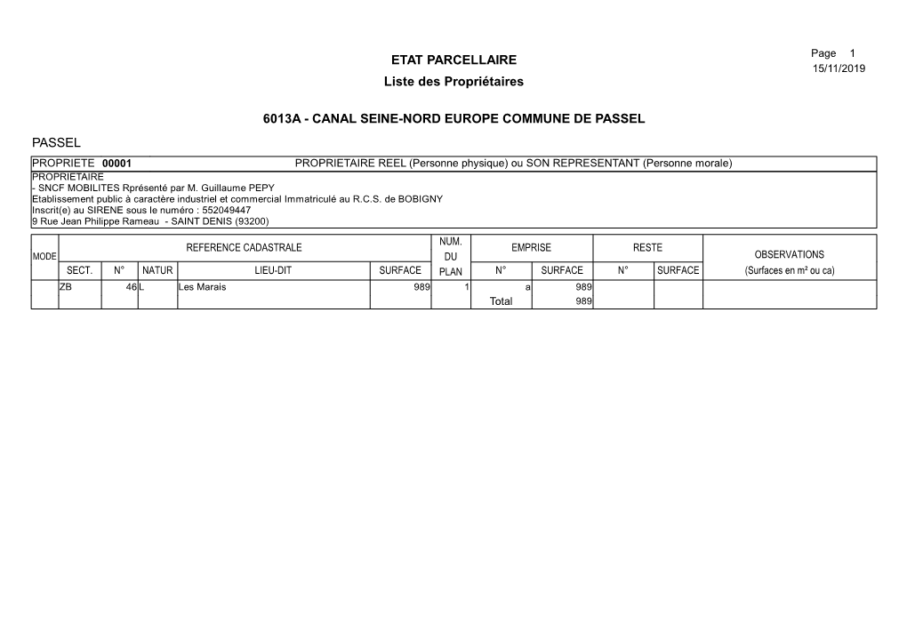 ETAT PARCELLAIRE Liste Des Propriétaires 6013A