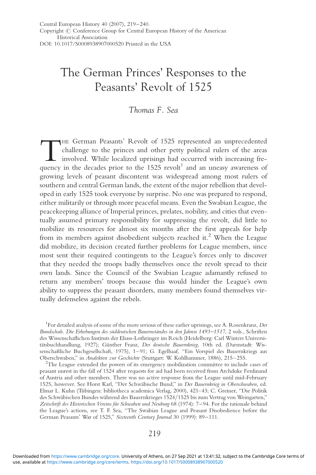 The German Princes' Responses to the Peasants' Revolt of 1525