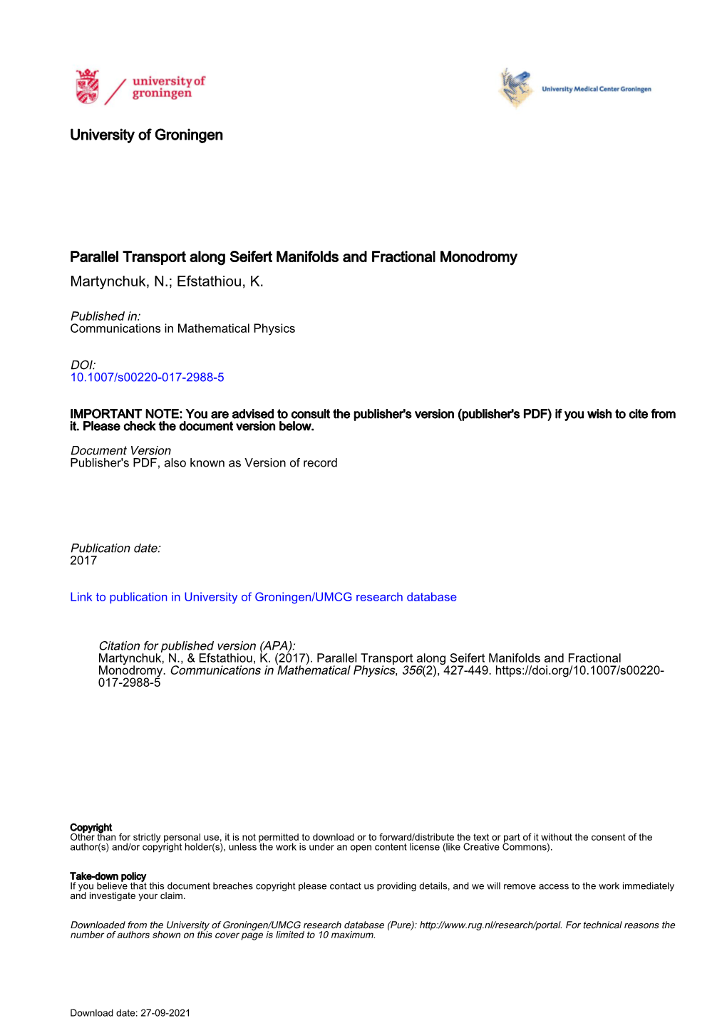 Parallel Transport Along Seifert Manifolds and Fractional Monodromy Martynchuk, N.; Efstathiou, K