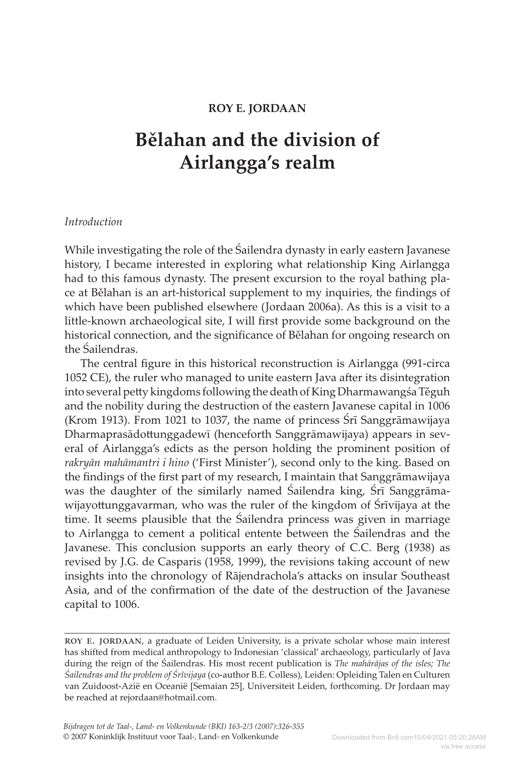 Bělahan and the Division of Airlangga's Realm