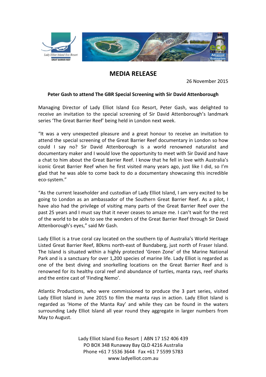 MEDIA RELEASE 26 November 2015