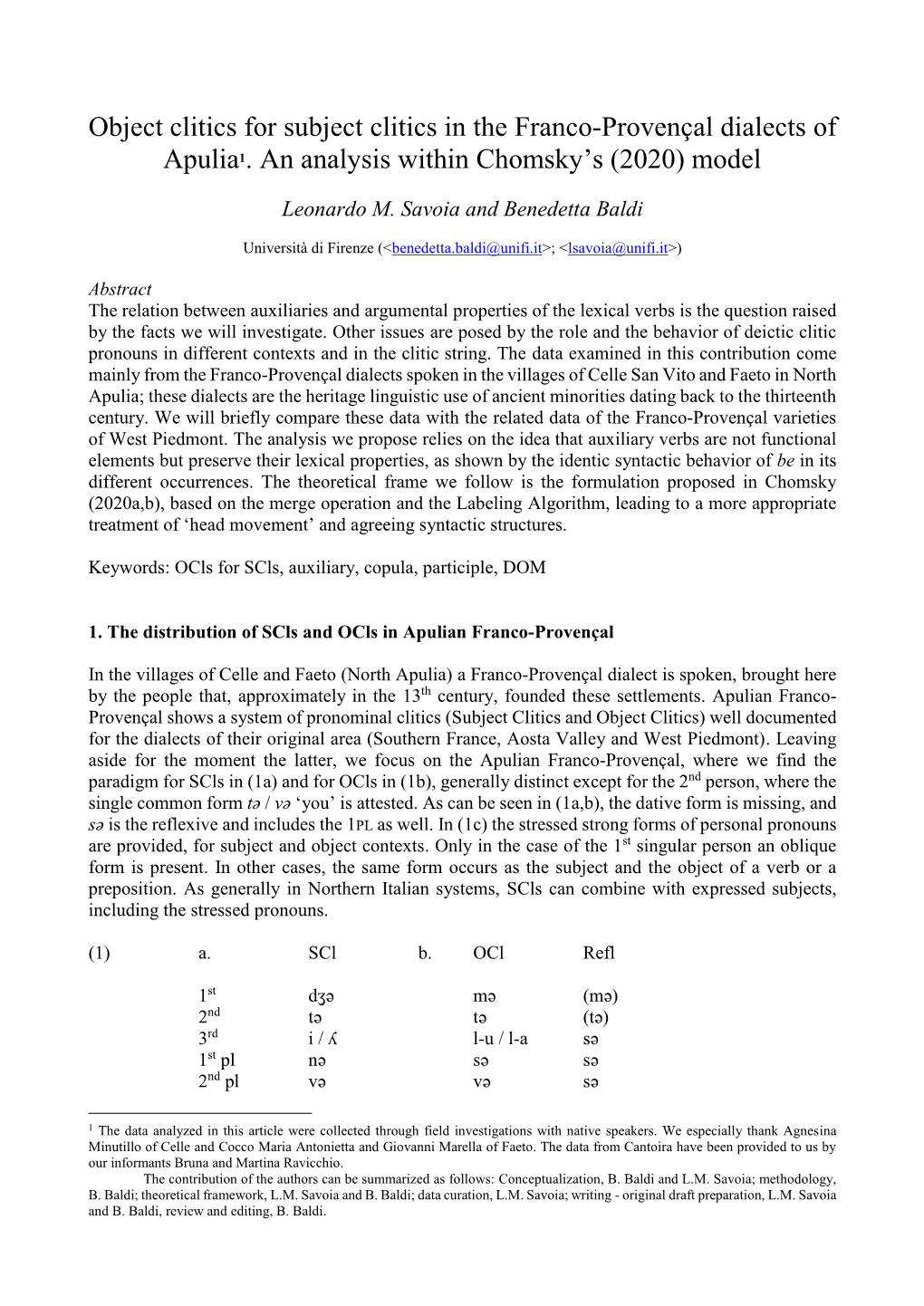 Object Clitics for Subject Clitics in the Franco-Provençal Dialects of Apulia1